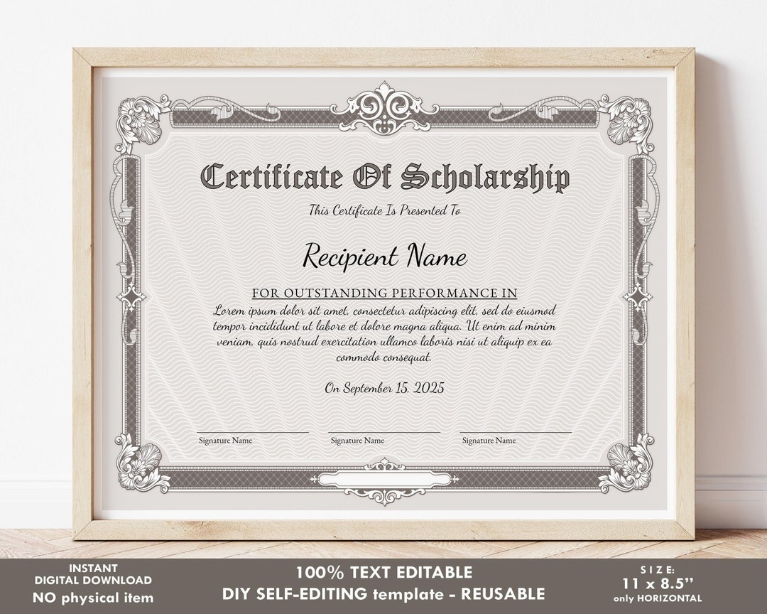 Certificate Of Scholarship EDITABLE Scholarship Award Etsy de