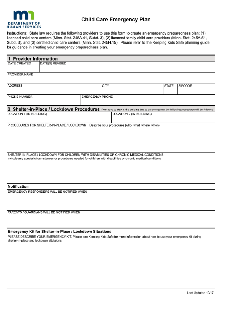 Printable Daycare Emergency Preparedness Plan Template Fillable Form 2023