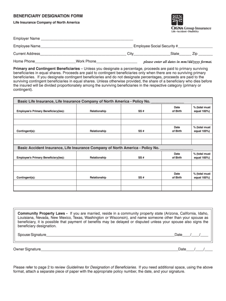 Cigna Life Insurance Beneficiary Form March 2018 Printable Fill Out 