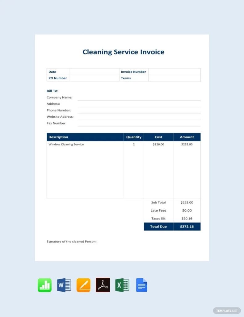 Cleaning Service Invoice Template Google Docs Google Sheets Excel Word Apple Numbers Apple Pages PDF Template