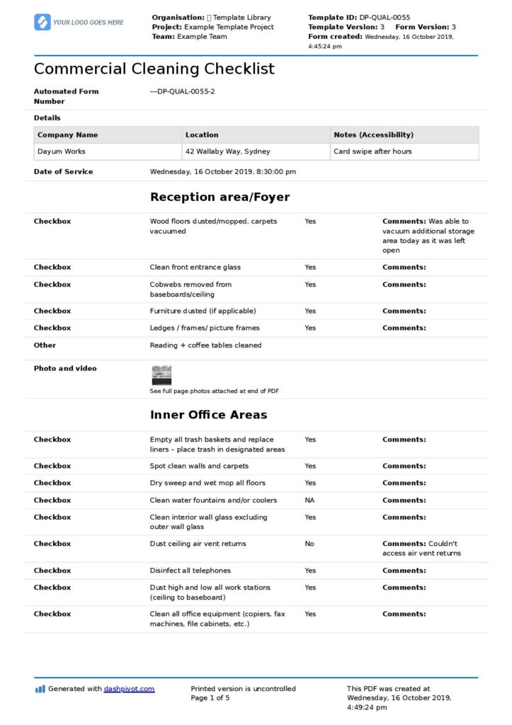 Commercial Cleaning Free Printable Janitorial Checklist Template