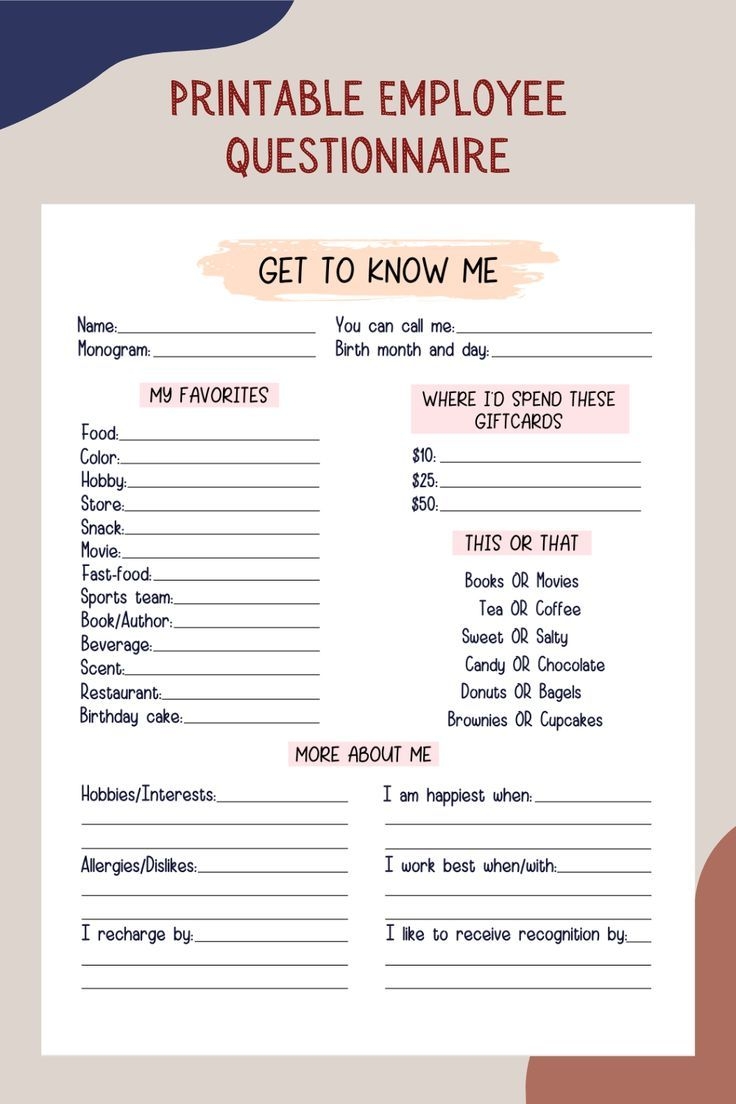 Coworker Questions Printable All About Me Employee Etsy Teacher Favorite Things Favorite Things List Getting To Know You