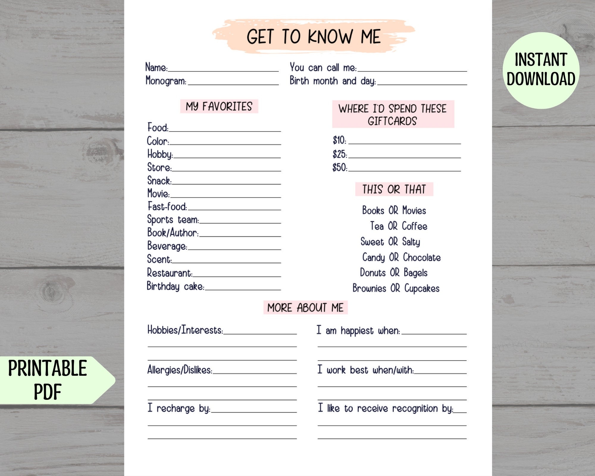 Coworker Questions Printable All About Me Employee Etsy