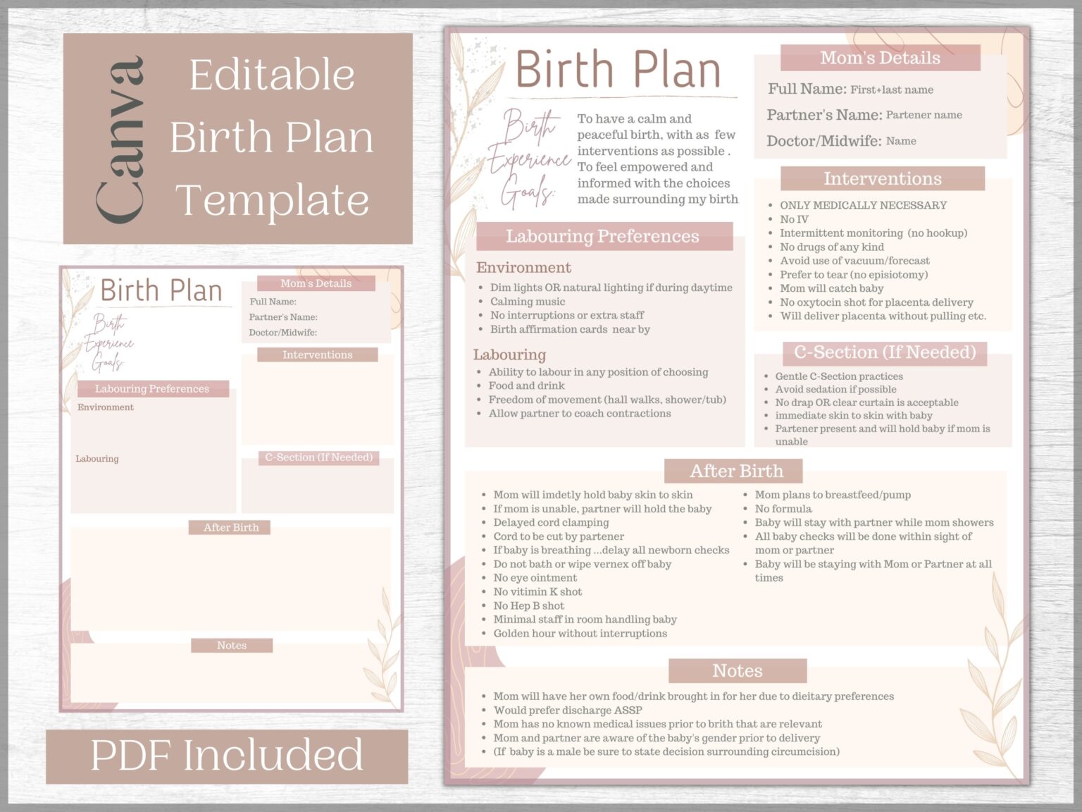 Editable Birth Plan Template Printable Birthing Plan Etsy De - Fillable ...
