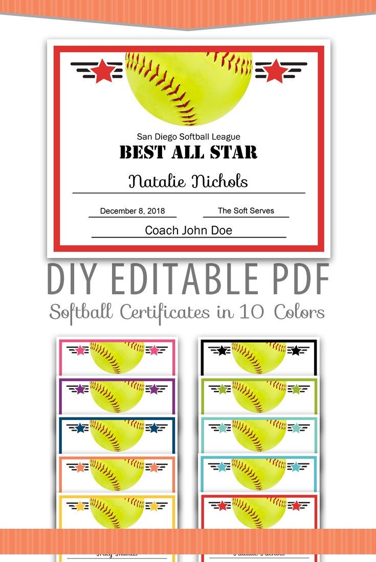 Editable PDF Sports Team Softball Certificate Award Template Etsy Award Template Certificate Templates Softball Awards