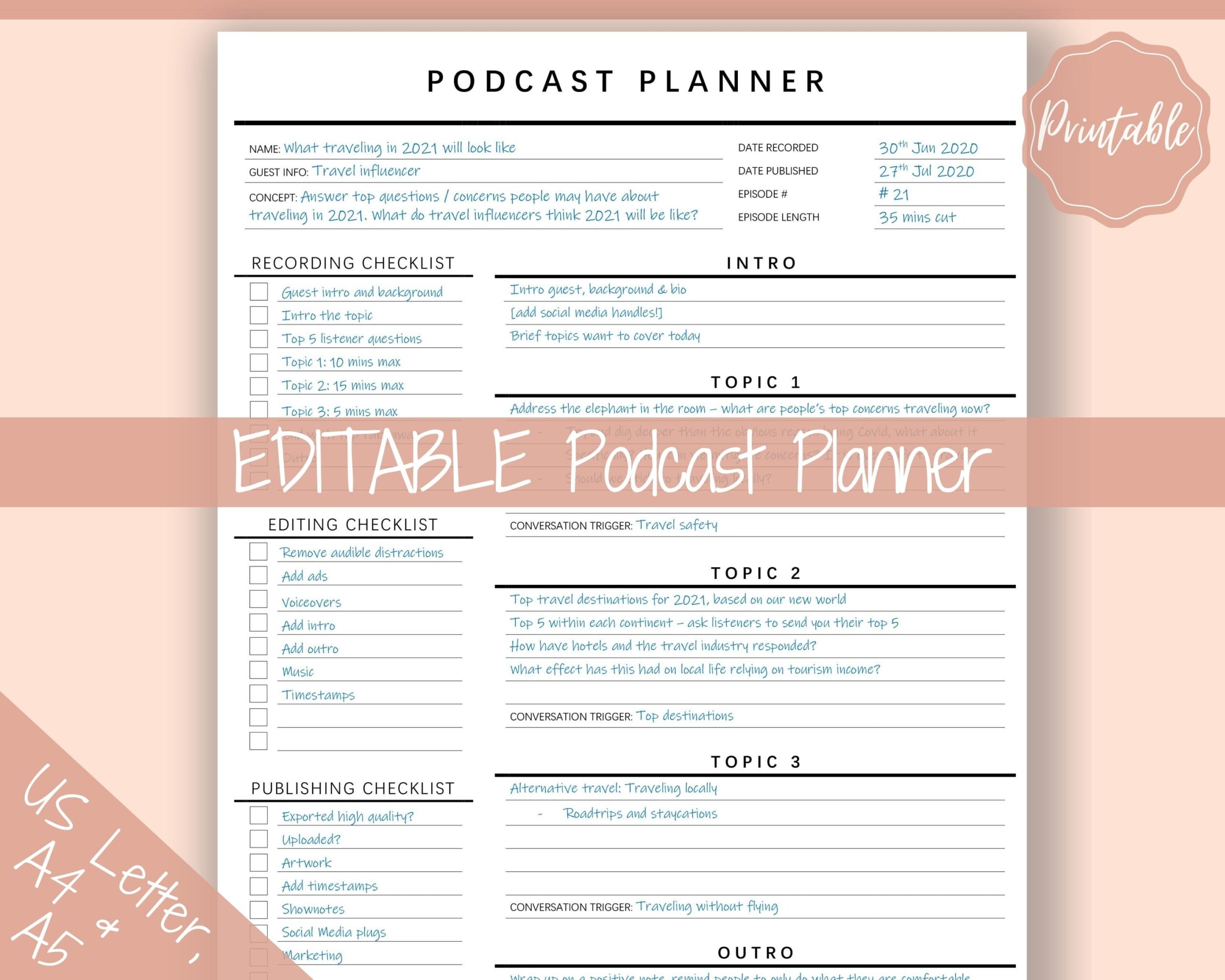 EDITABLE Podcast Planner Template Podcast Checklist Content Etsy de