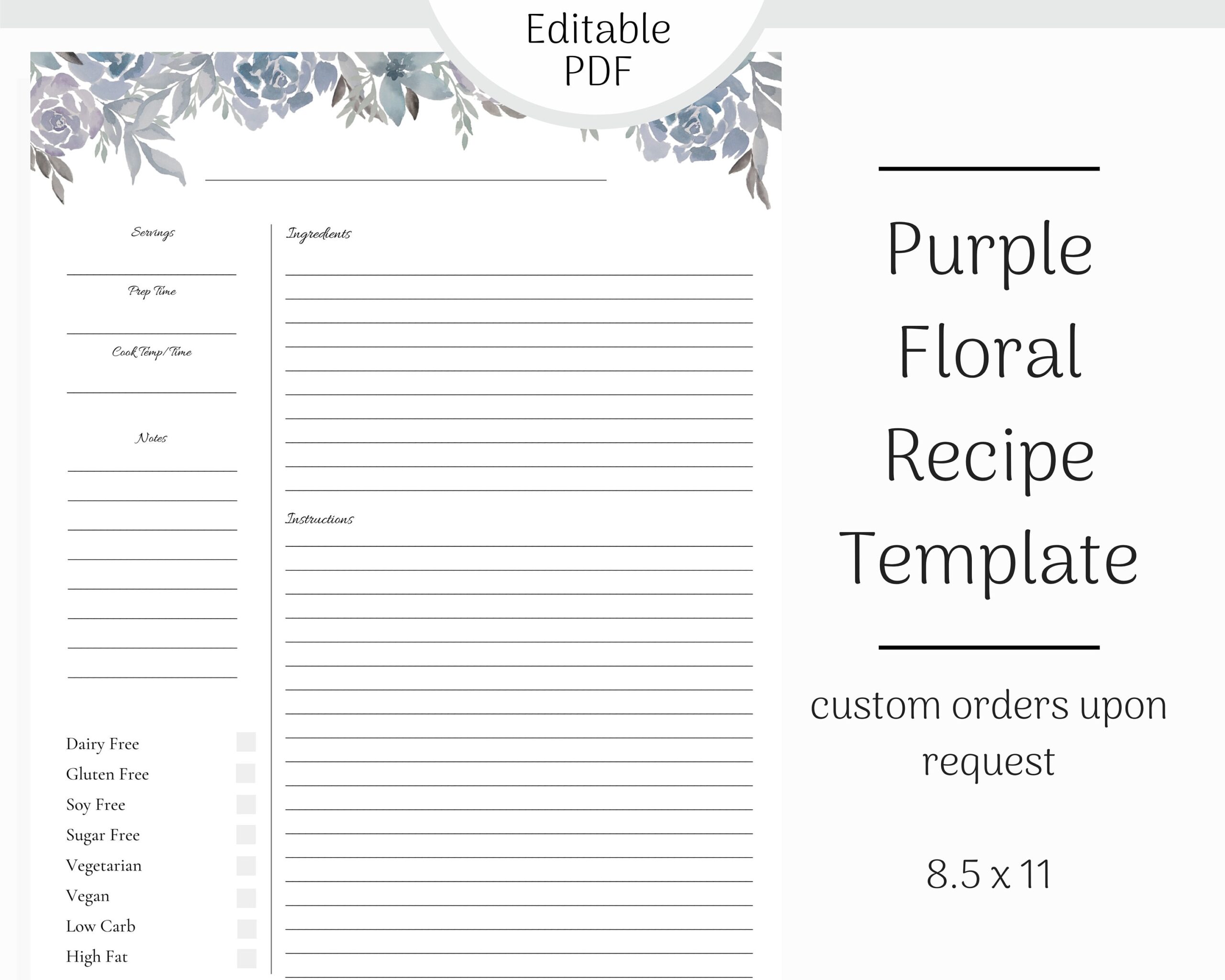 Editable Recipe Page Floral Printable Recipe Card Blank Etsy de