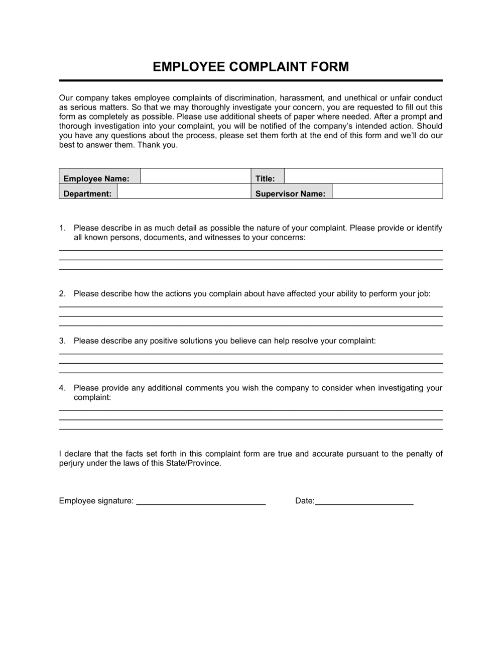 Employee Complaint Form Template By Business in a Box Employee Complaints Complaints Templates