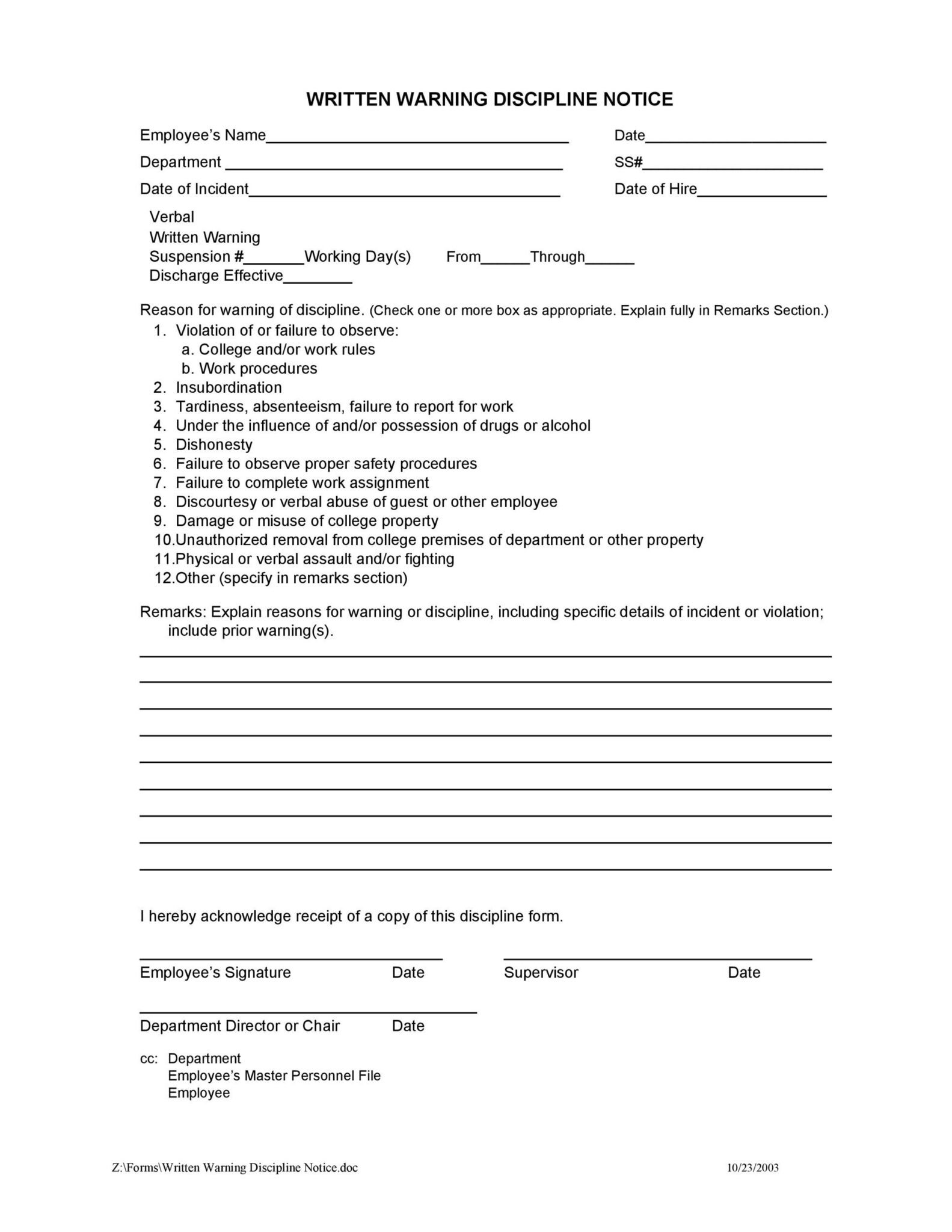 Employee Warning Notice Download 56 Free Templates Forms Fillable Form 2023 8293