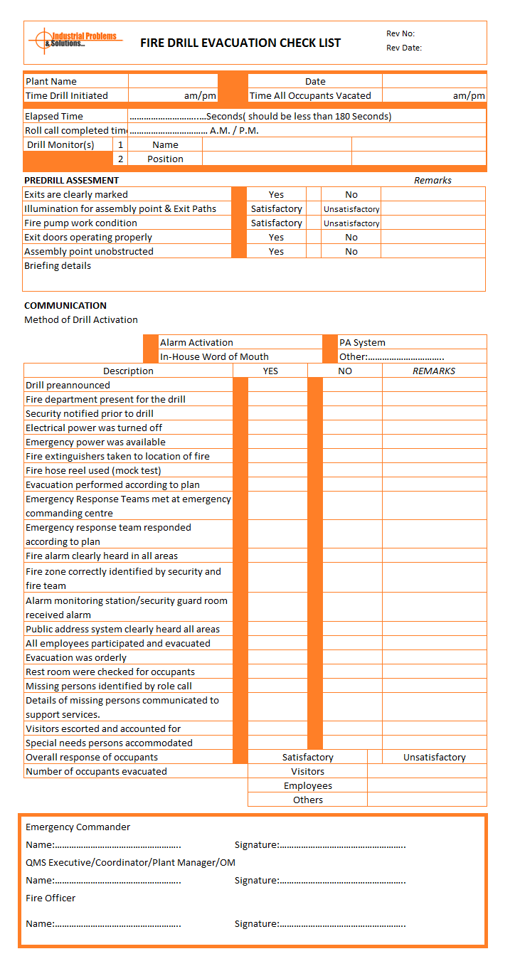 Fire Drill Evacuation Checklist Format Fire Drill Evacuation Checklist Fire Risk Assessment