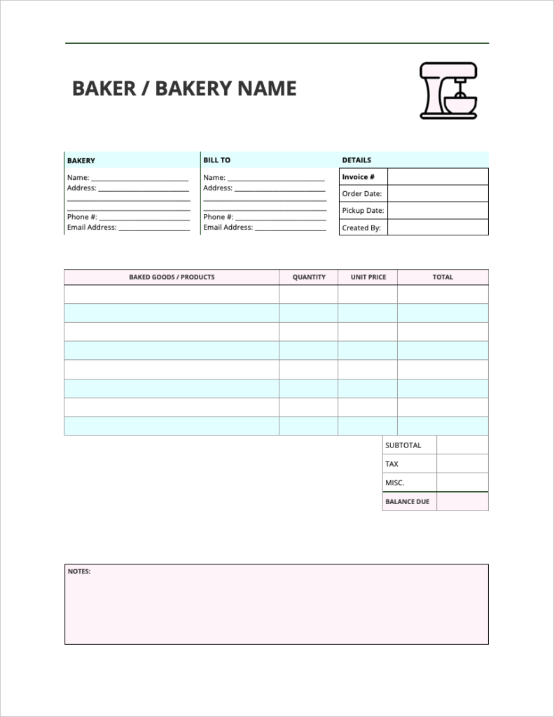 Printable Bakery Invoice Template