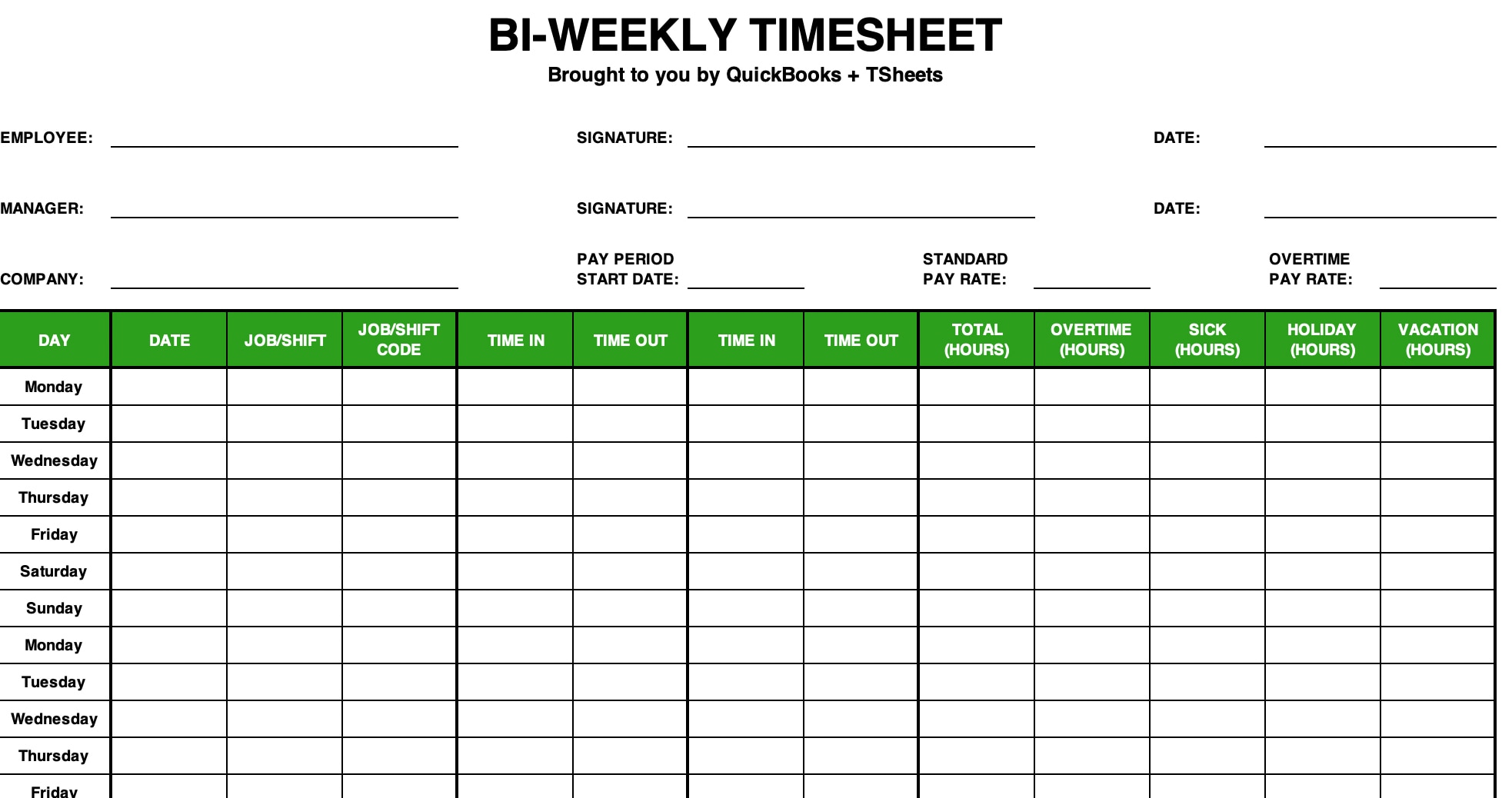 Free Bi Weekly Timesheet Template QuickBooks Canada