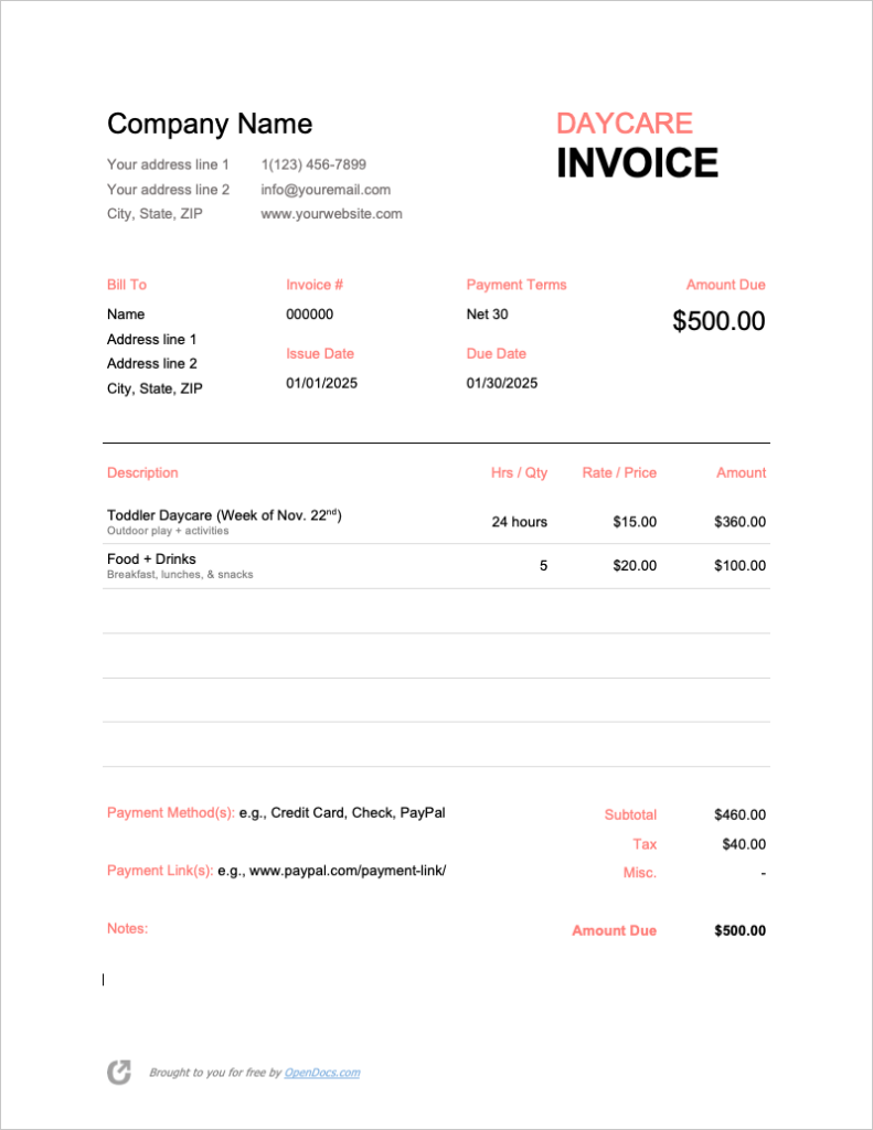 Free Printable Daycare Invoice Template Fillable Form 2023