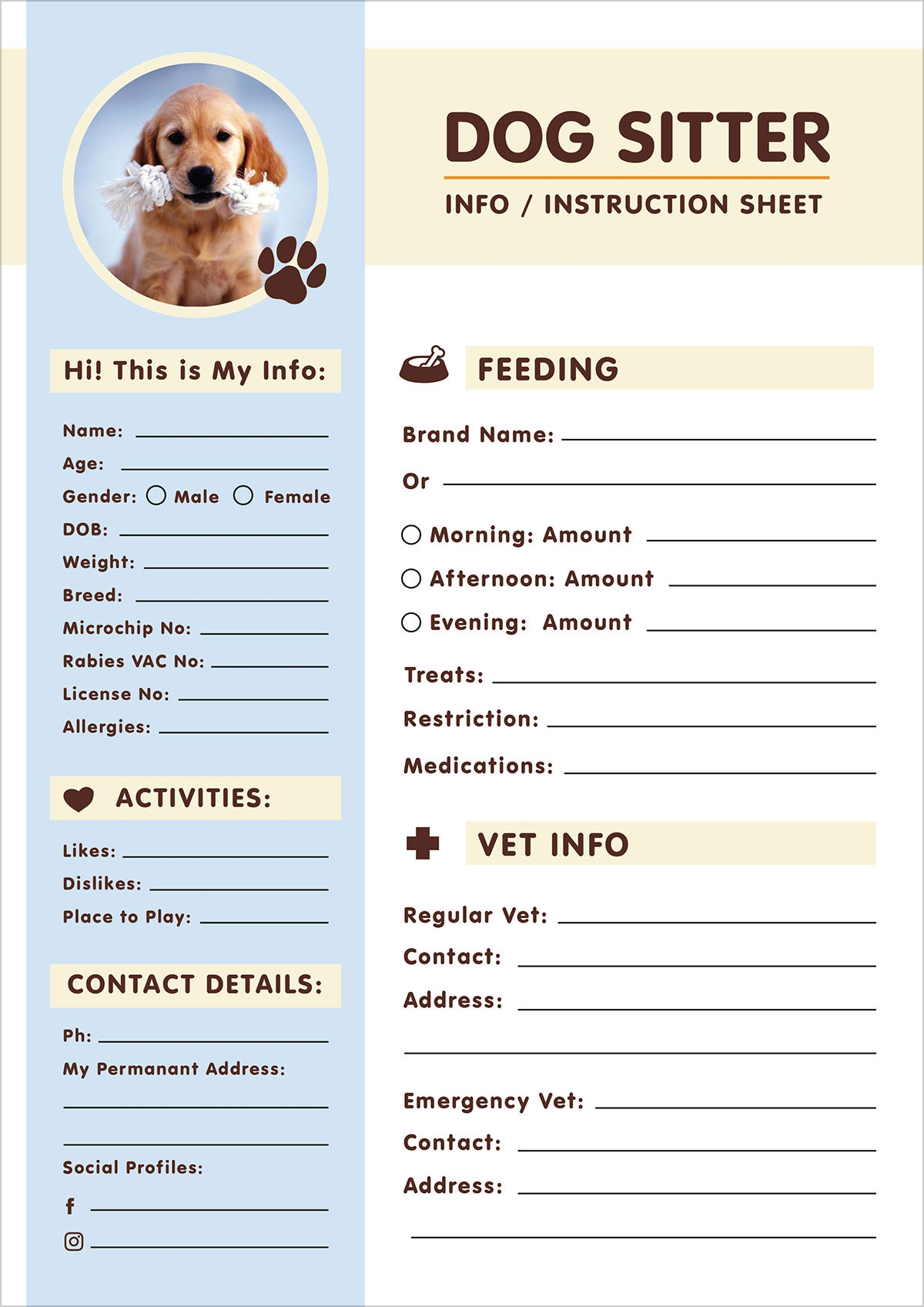 Free Dog Sitter Instruction Information Sheet Design Template Designbolts