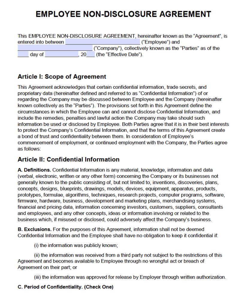 Printable Employee Confidentiality Agreement Template