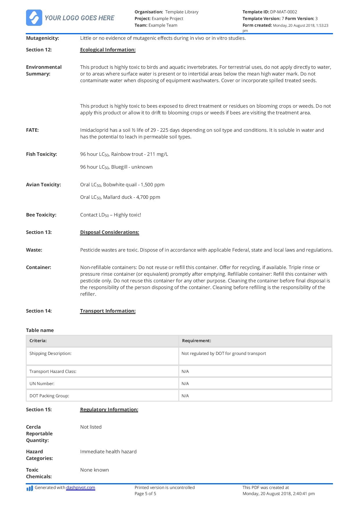 Free Material Safety Data Sheet Template better Than Word excel PDF 