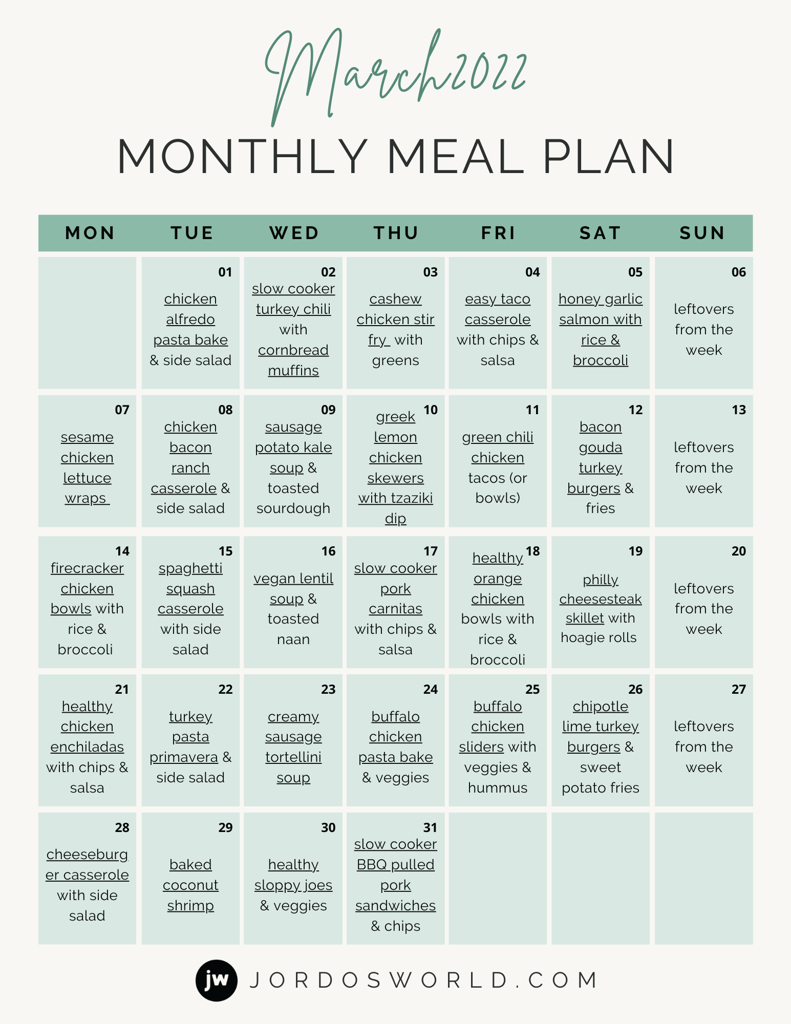 Free Monthly Meal Plan Jordo s World