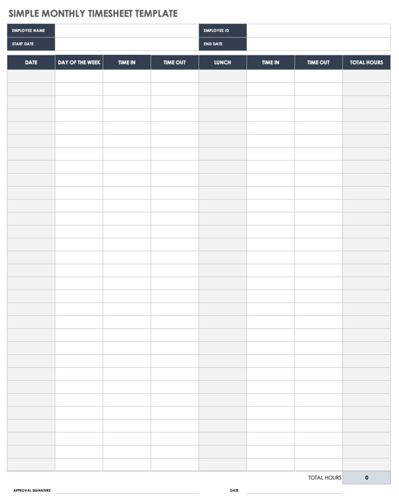 Monthly Timesheet Template Printable