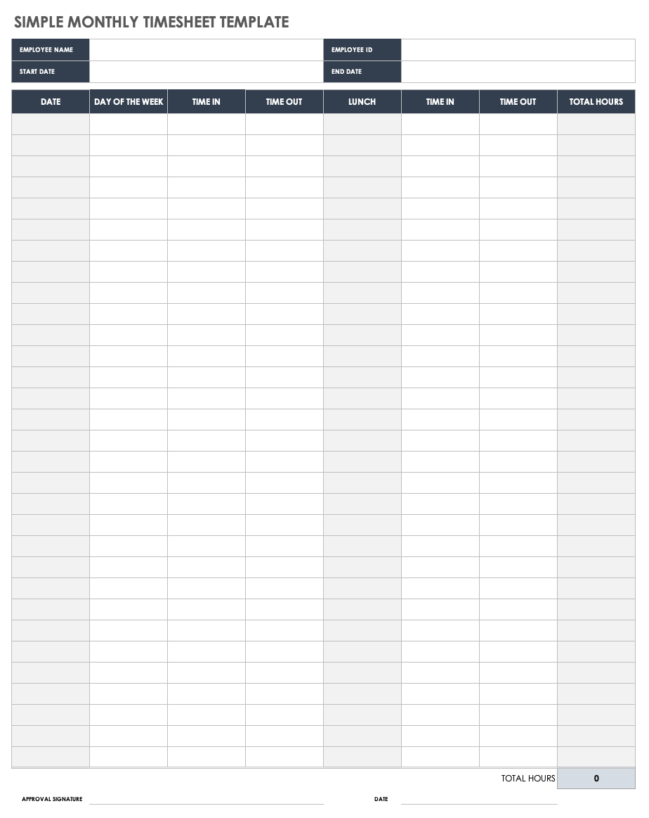 Simple Printable Monthly Timesheet Template - Fillable Form 2023