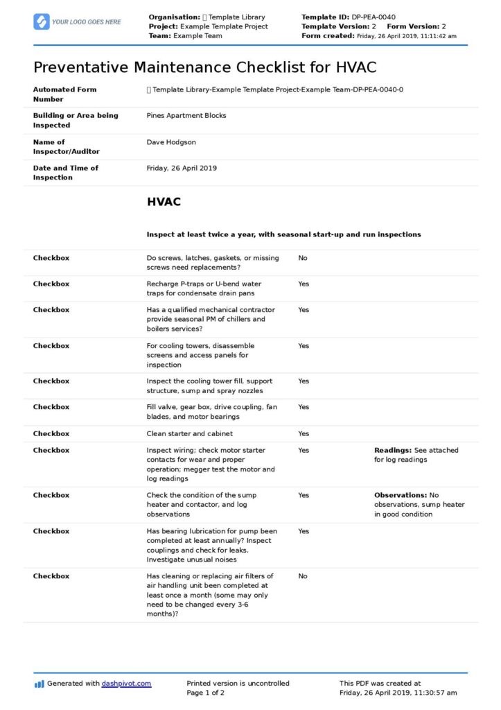 Printable Hvac Inspection Checklist Template