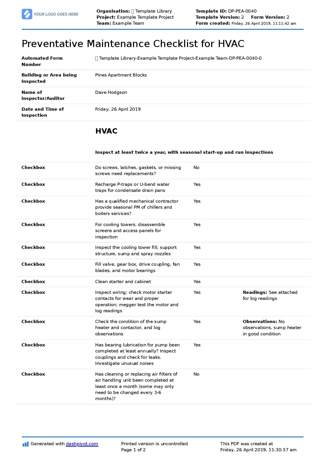 Free Preventative Maintenance Checklist For HVAC