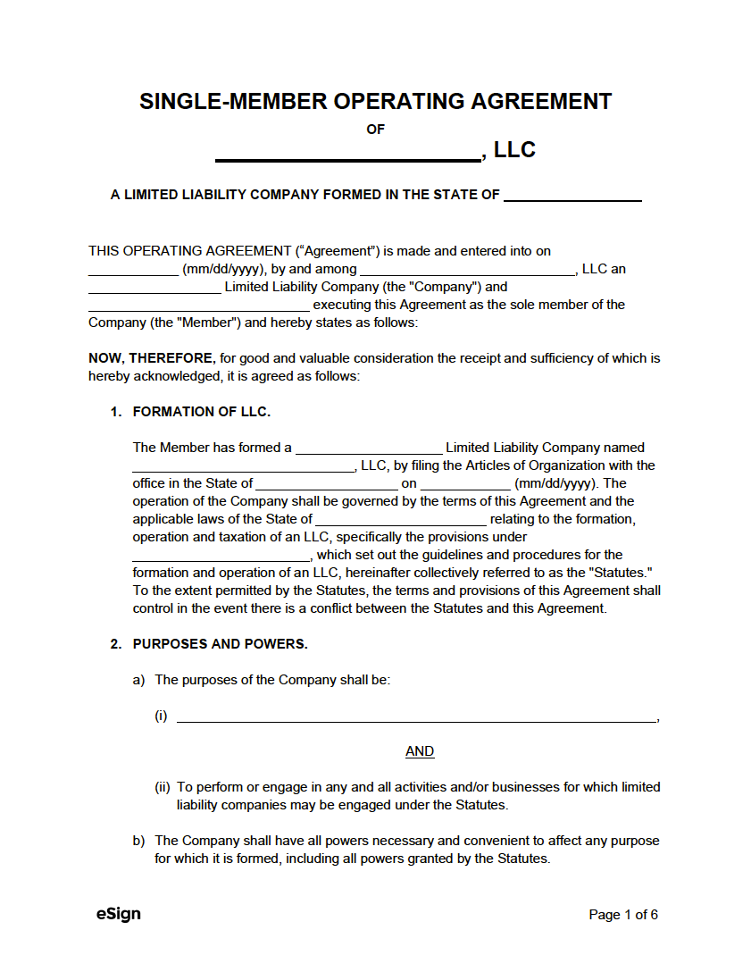 Free Single Member LLC Operating Agreement Template PDF Word