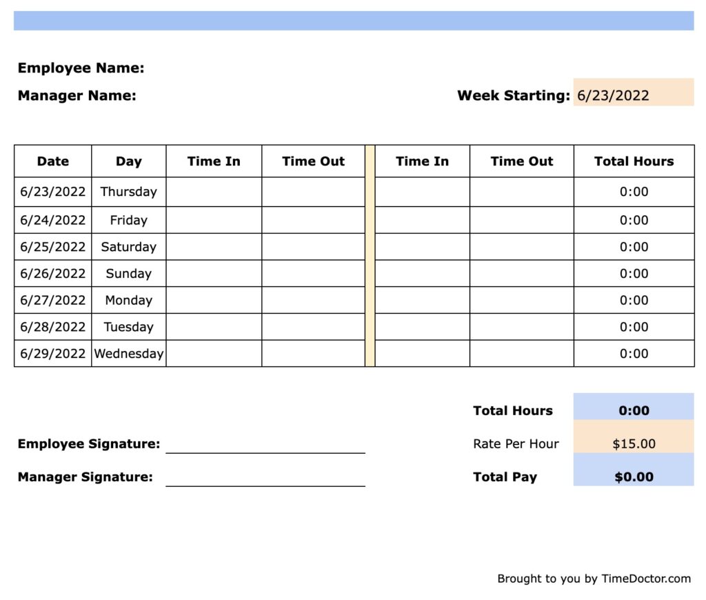 Pdf Free Printable Weekly Timesheet Template