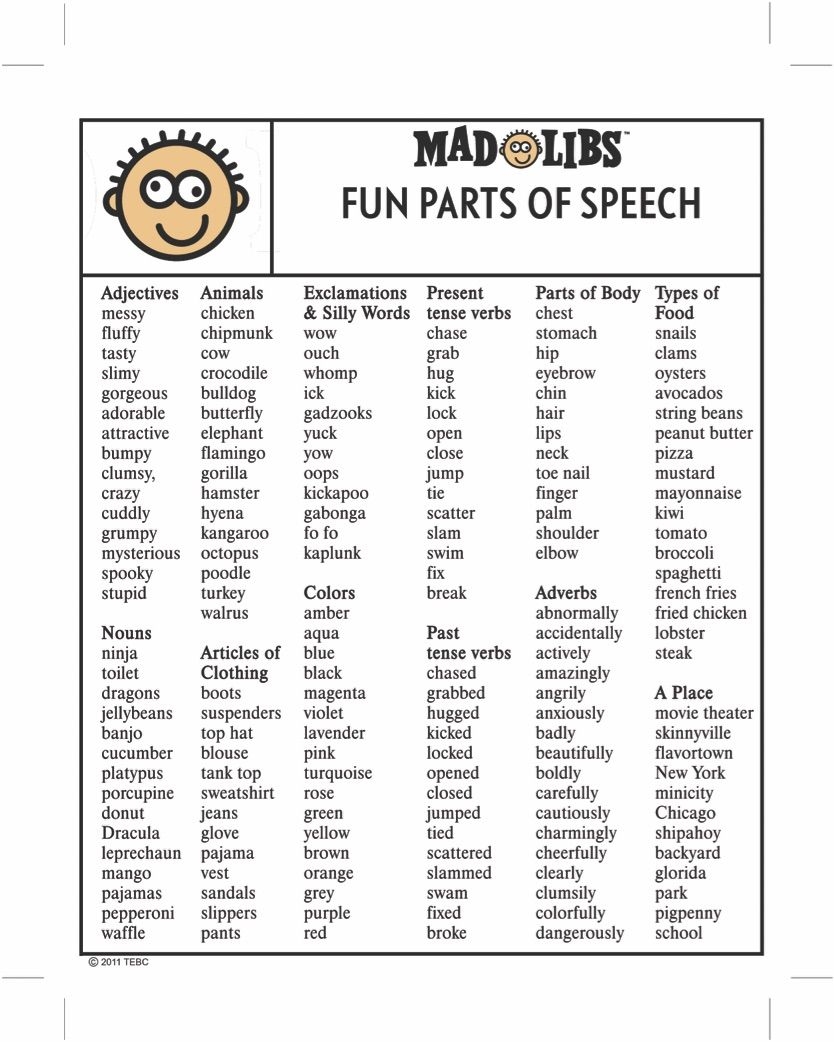 Fun Parts Of Speech Cheat Sheet Included In Book To Get You Started Playing Mad Libs Silly Words Funny Mad Libs Family Mad Libs