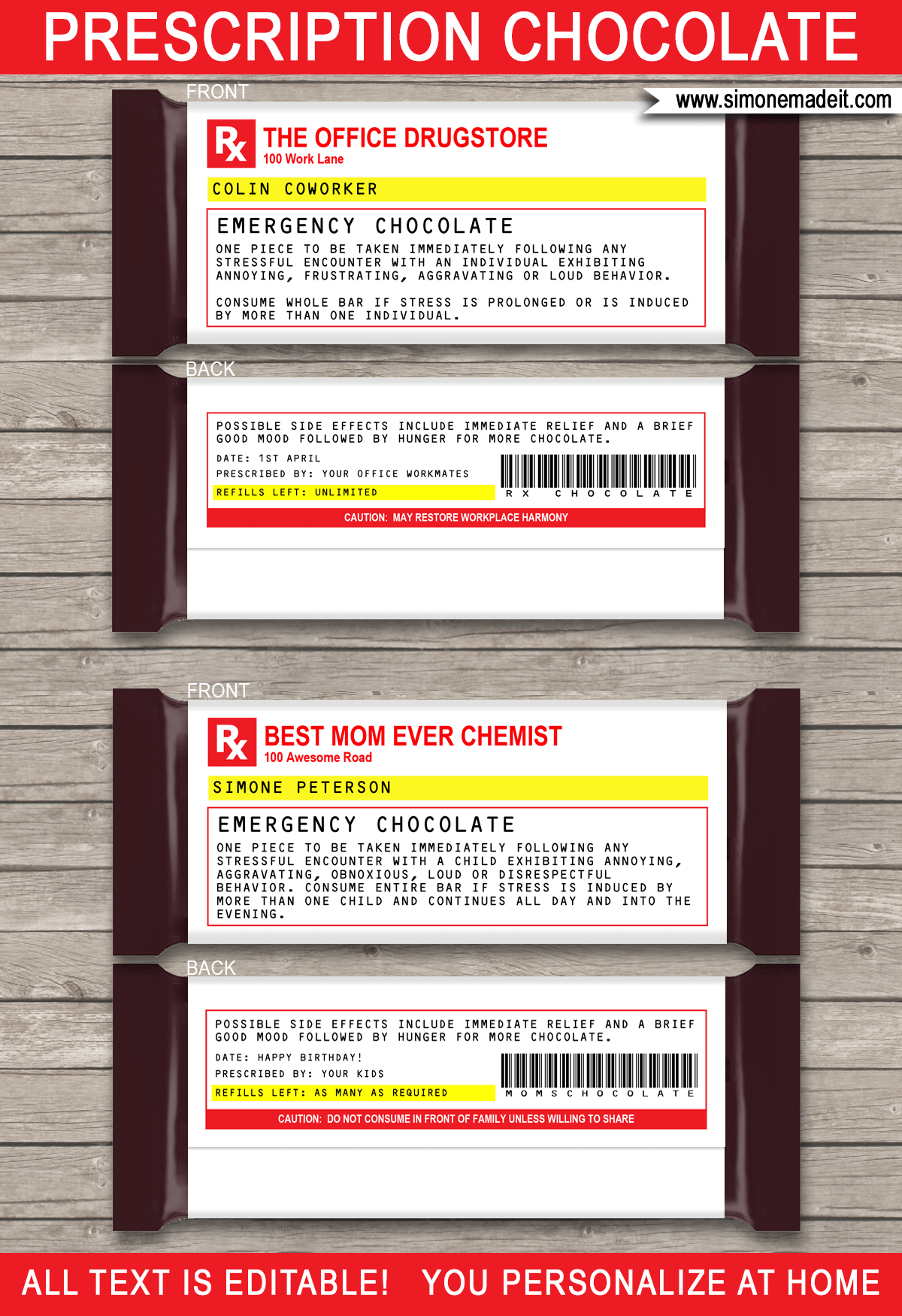 Gag Prescription Label Templates Emergency Chocolate Candy Bar Wrapper Template Label Templates