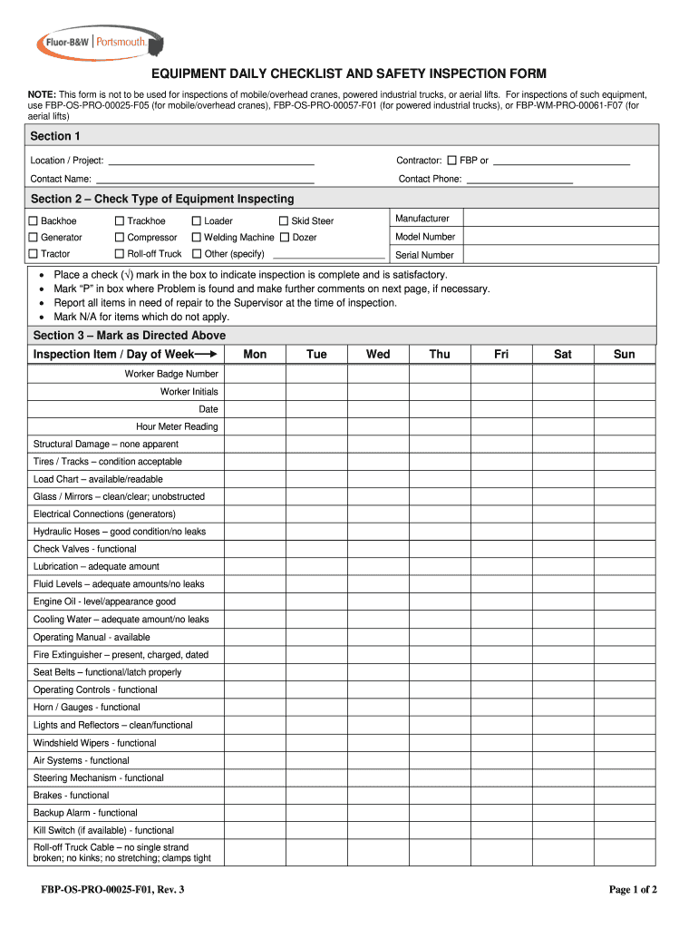 Printable Equipment Inspection Checklist Template