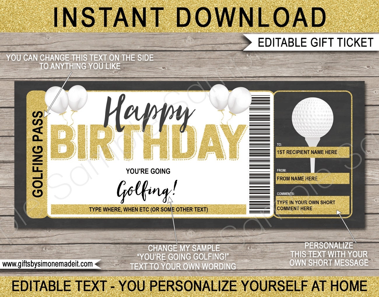 Golf Gift Certificate Template Voucher Ticket Pass Birthday Etsy de