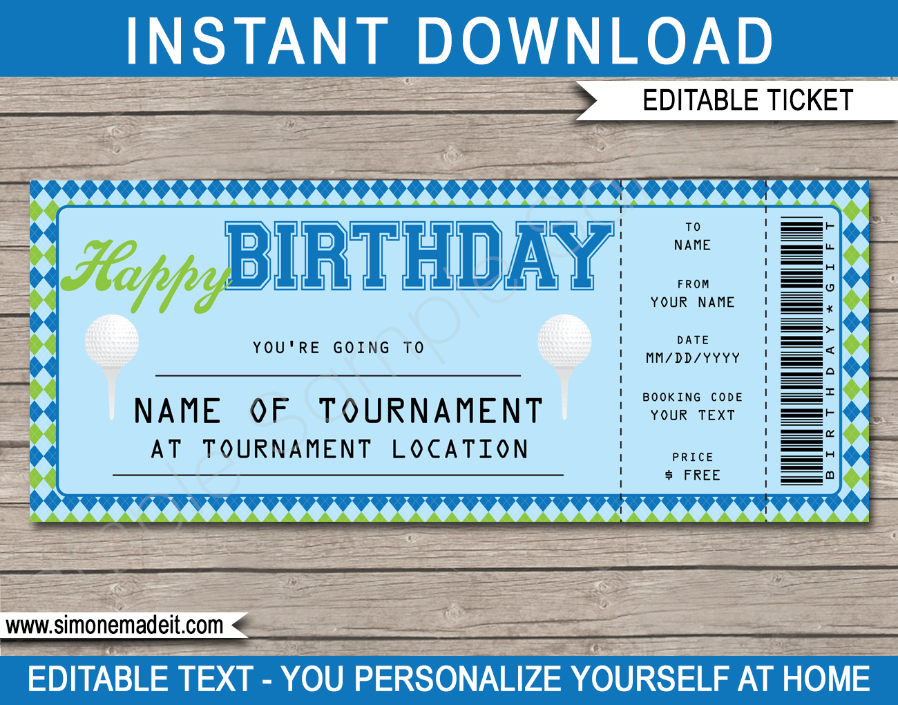 Golf Ticket Birthday Gift Voucher Editable Printable Golf Ticket Template