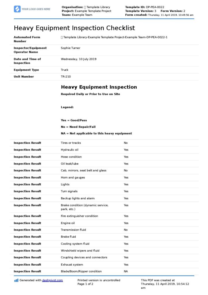 Printable Equipment Inspection Checklist Template