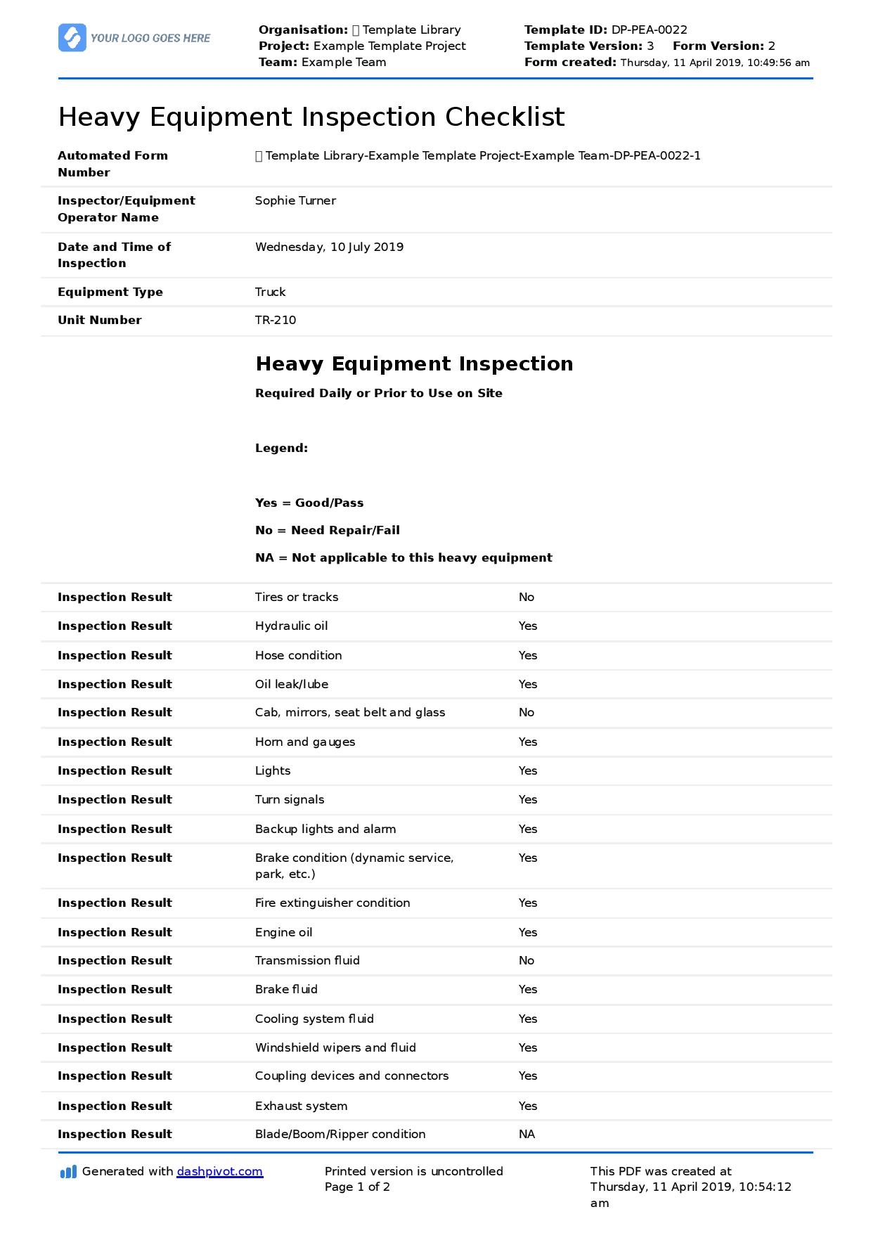 Heavy Equipment Inspection Checklist Template Free Editable Form 