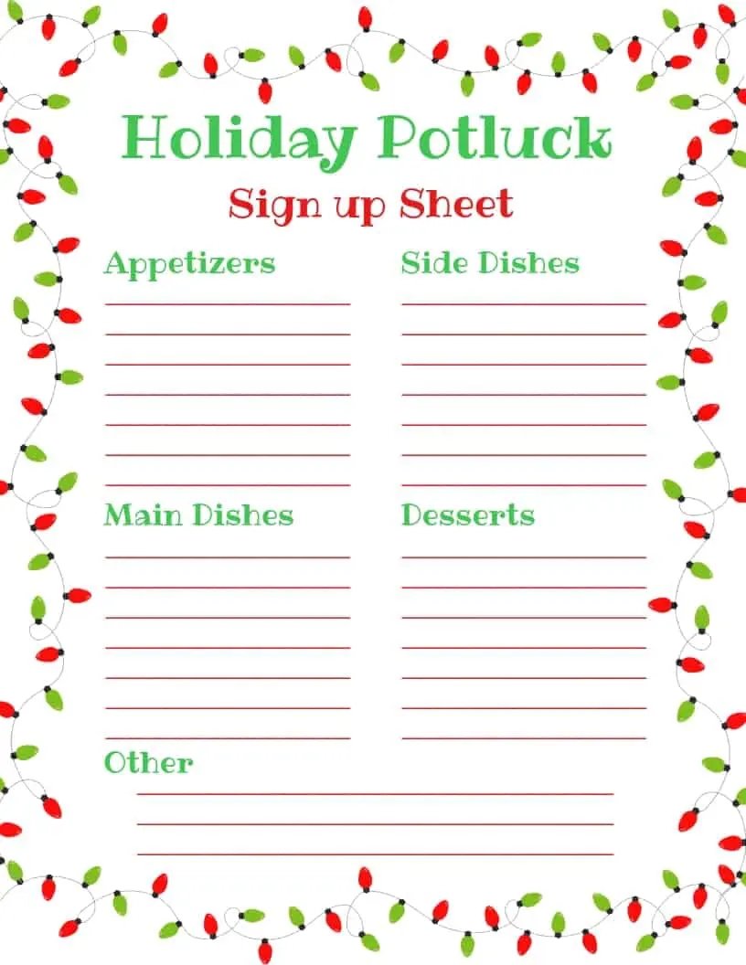 Holiday Potluck Sign Up Sheet 