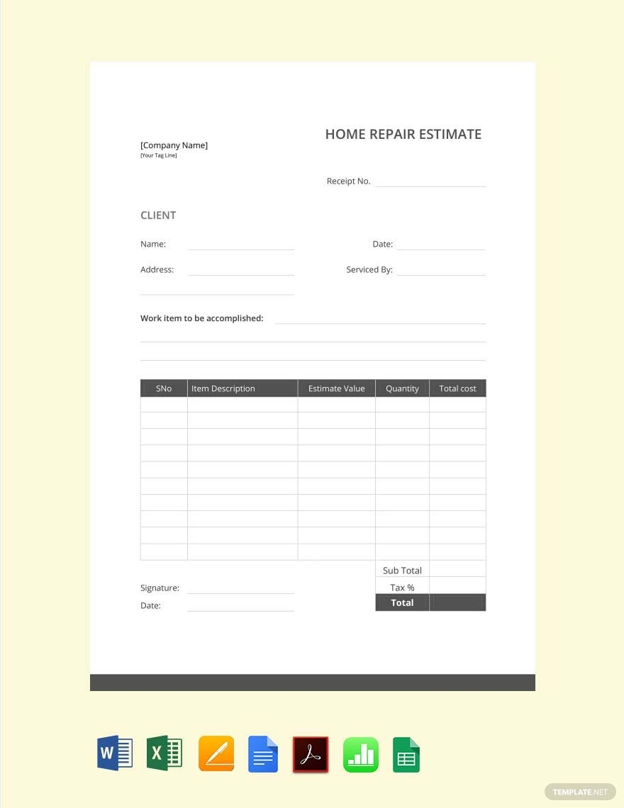 Home Repair Estimate Template Google Docs Google Sheets Excel Word Apple Numbers Apple Pages PDF Template