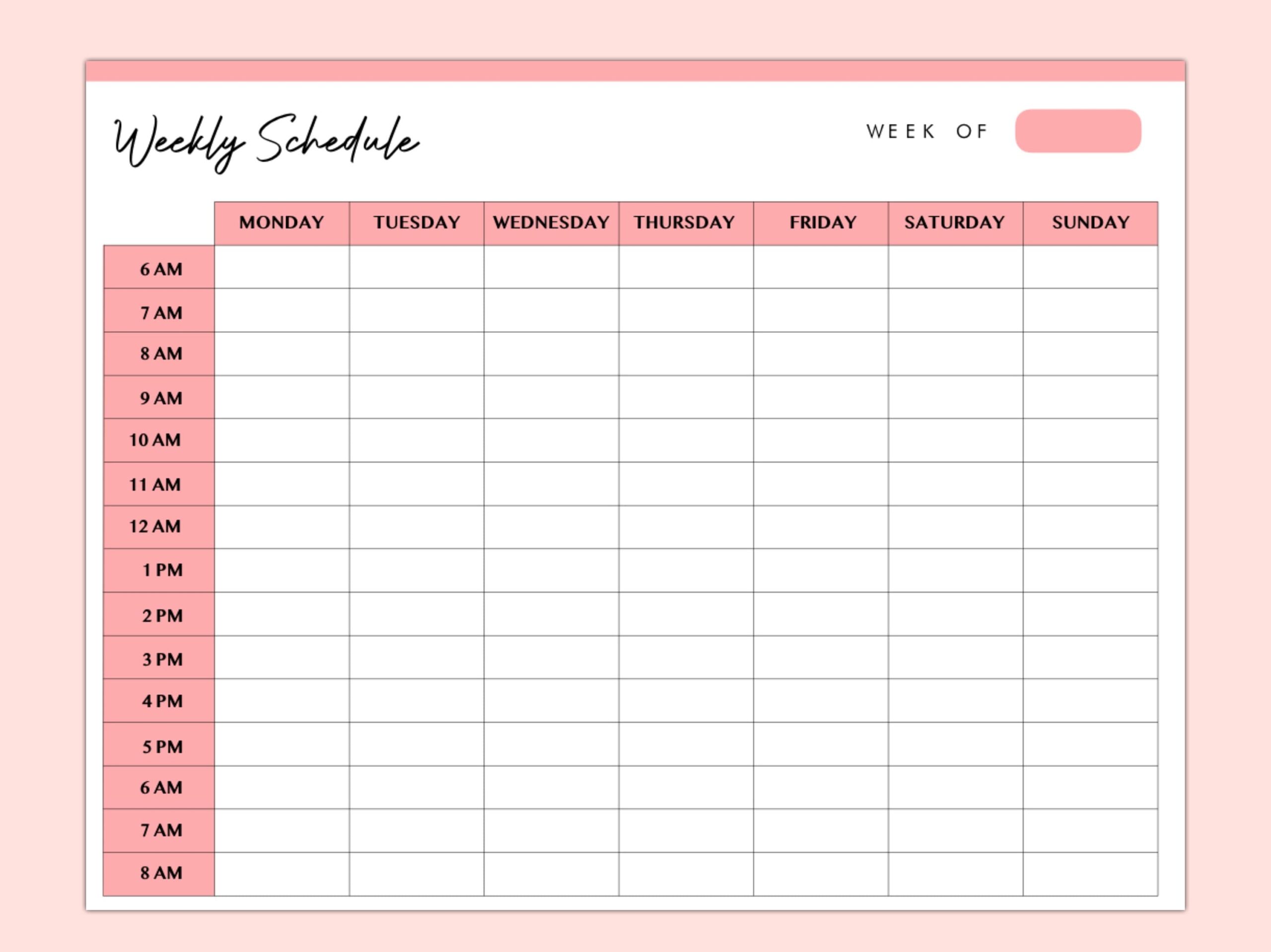 Hourly Weekly Schedule Landscape Weekly Planner Printable Etsy de