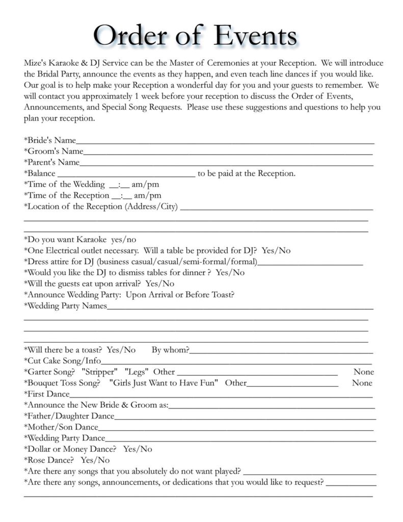 Downloadable Printable Wedding Dj Checklist Template