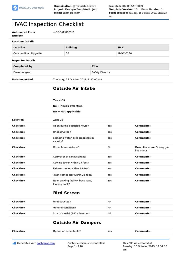 Printable Hvac Inspection Checklist Template