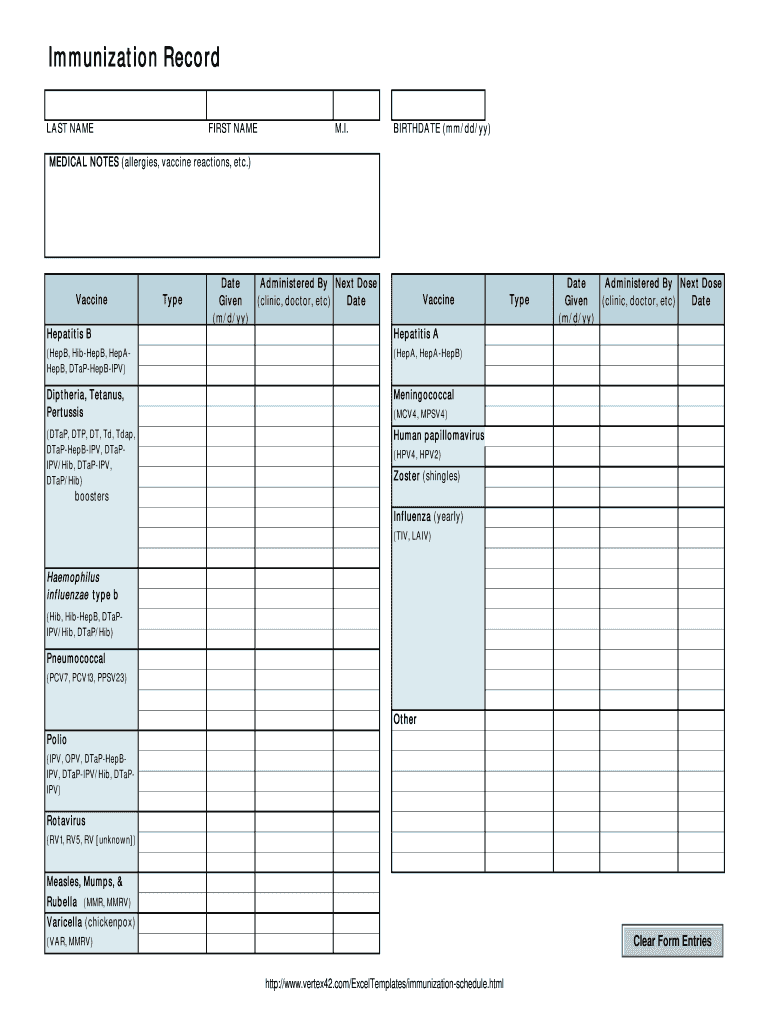 Printable Immunization Record Template