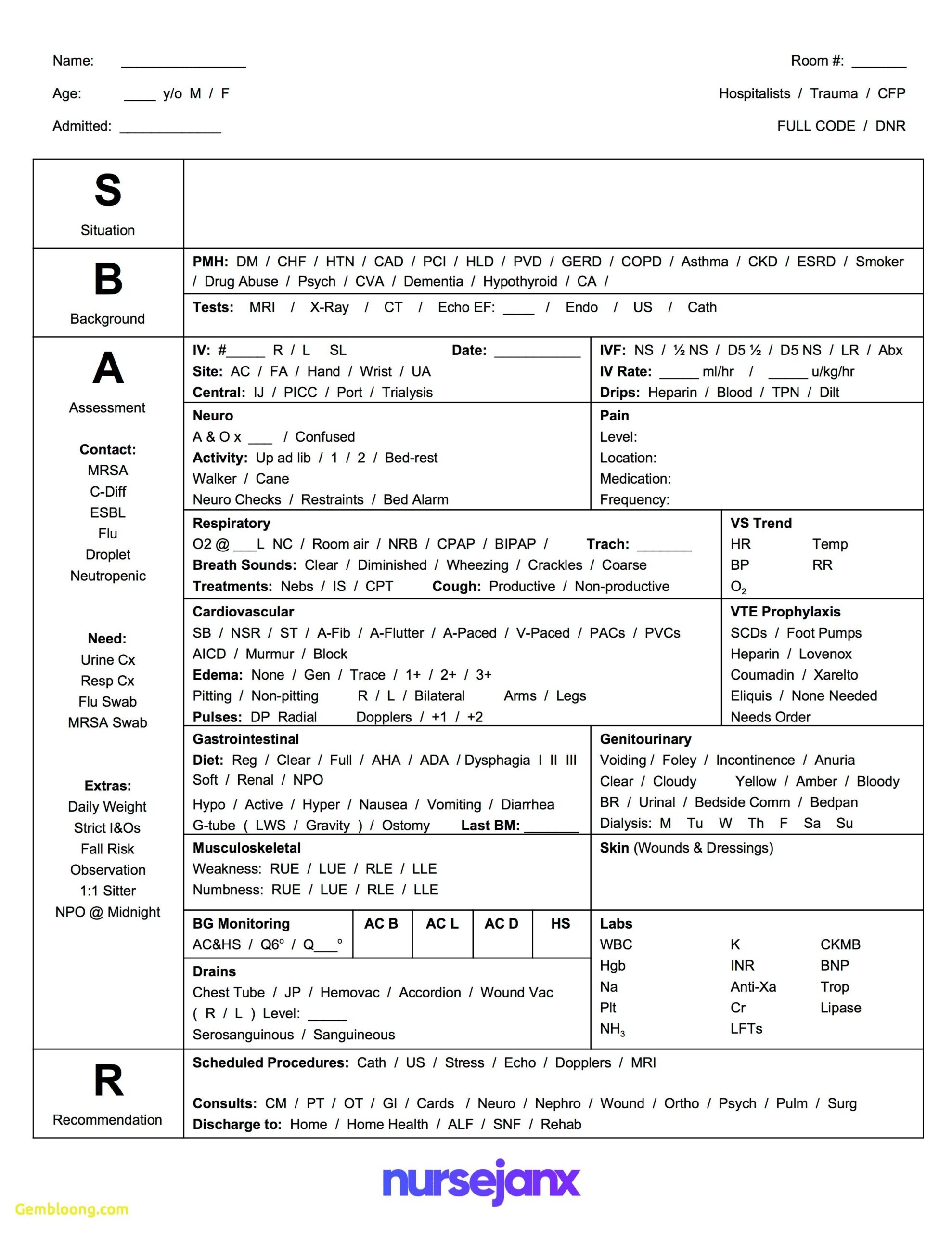 Inspirational Nursing Handoff Report Template Best Templates Nurse Report Sheet Sbar Nursing Nurse Brain Sheet