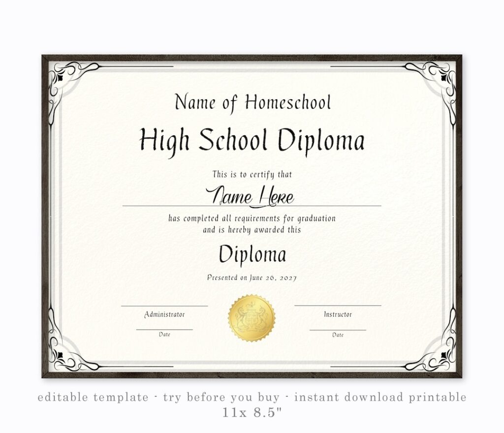 Instant High School Diploma Homeschool Printable Print Etsy de