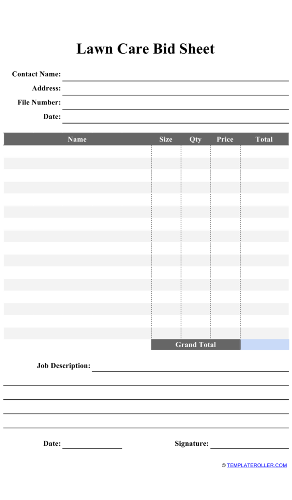Lawn Care Bid Sheet Template Download Printable PDF Templateroller