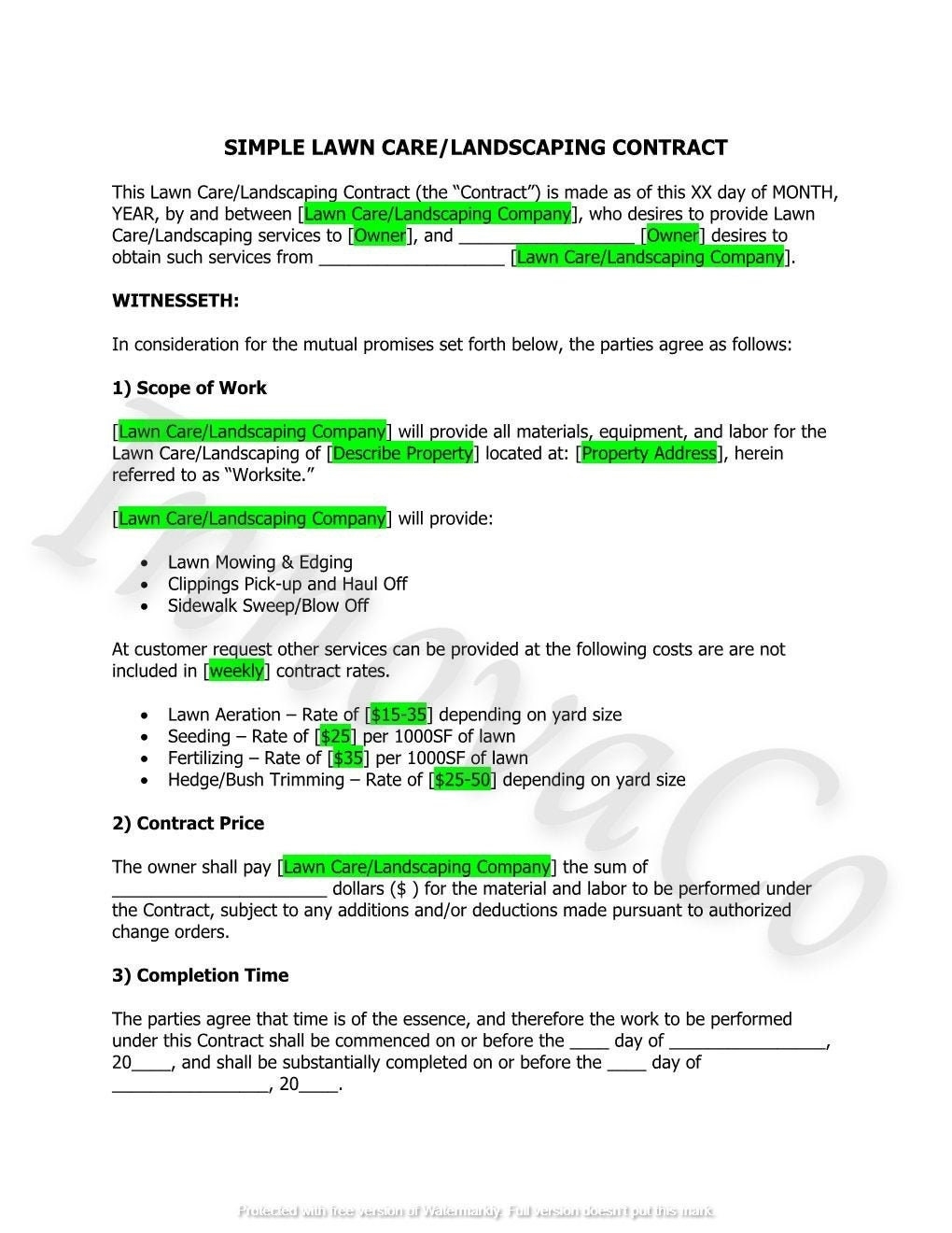 Lawn Care Service Agreement Lawn Care And Landscape Contract Etsy