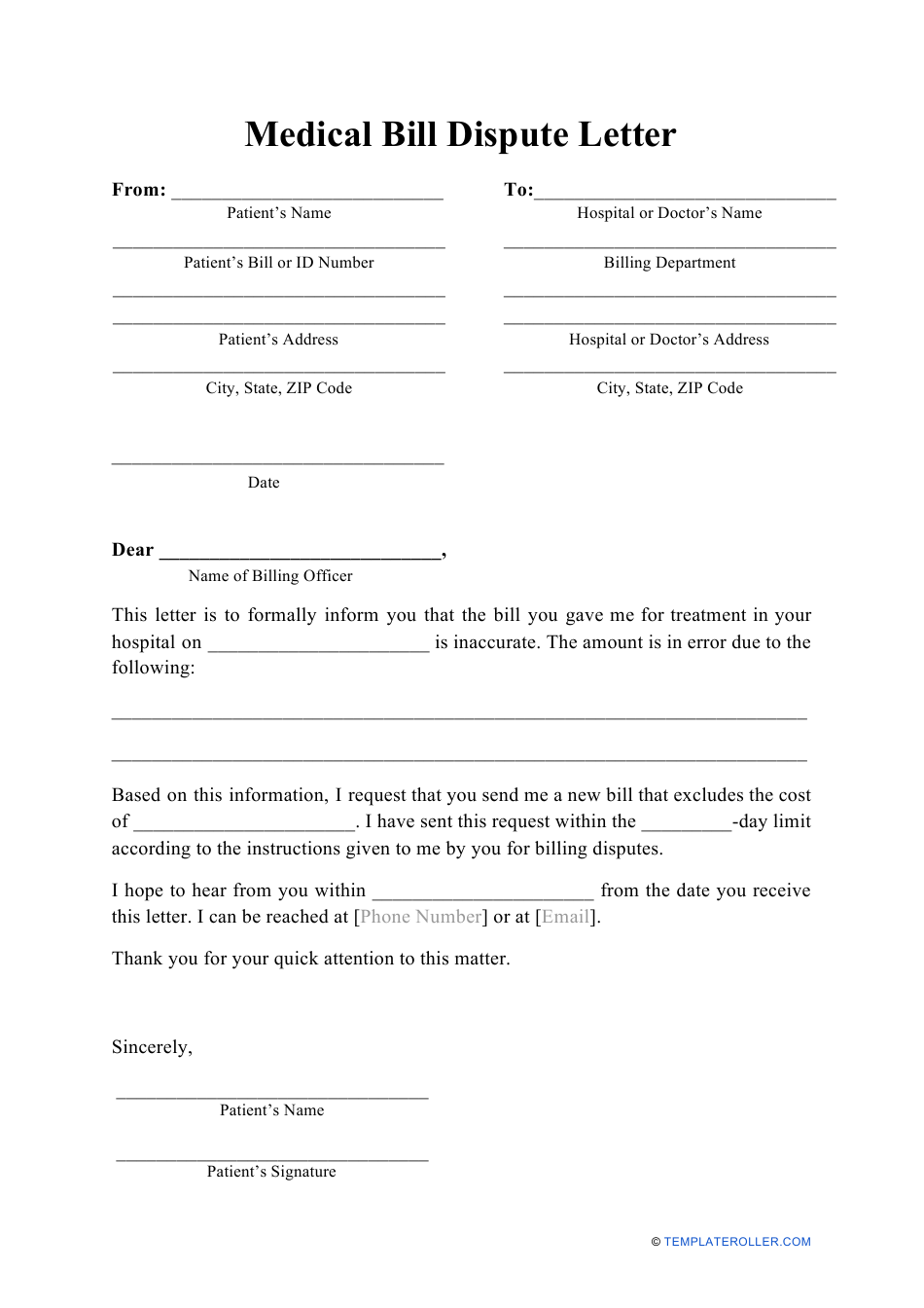 Medical Bill Dispute Letter Template Download Printable PDF Templateroller