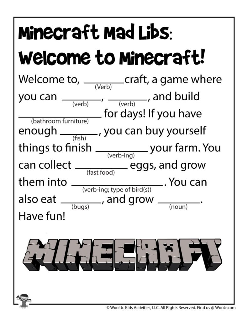 Minecraft Mad Lib Printable Games For Kids Woo Jr Kids Activities Writing Games For Kids Printable Games For Kids Minecraft Activities