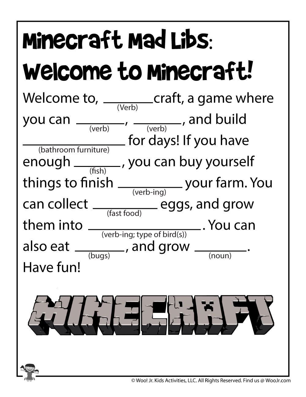 Minecraft Mad Lib Printable Games For Kids Woo Jr Kids Activities Writing Games For Kids Printable Games For Kids Minecraft Activities