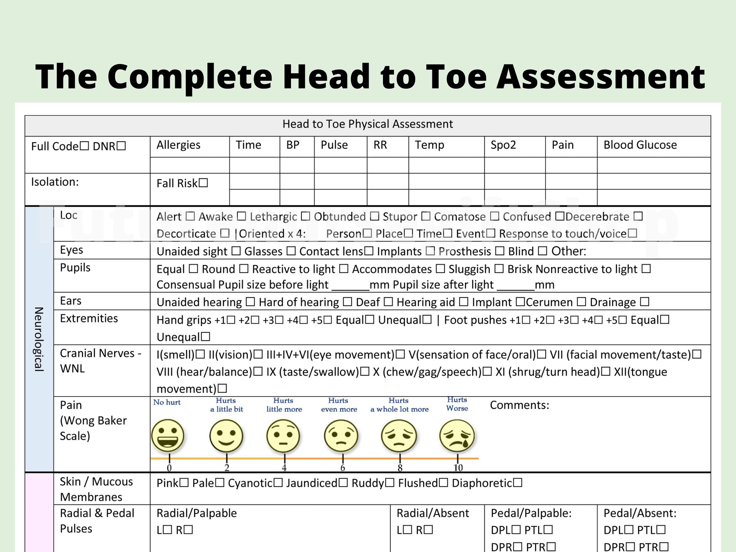 Nurse Report Sheet Template Head To Toe Assessment Checklist Etsy de