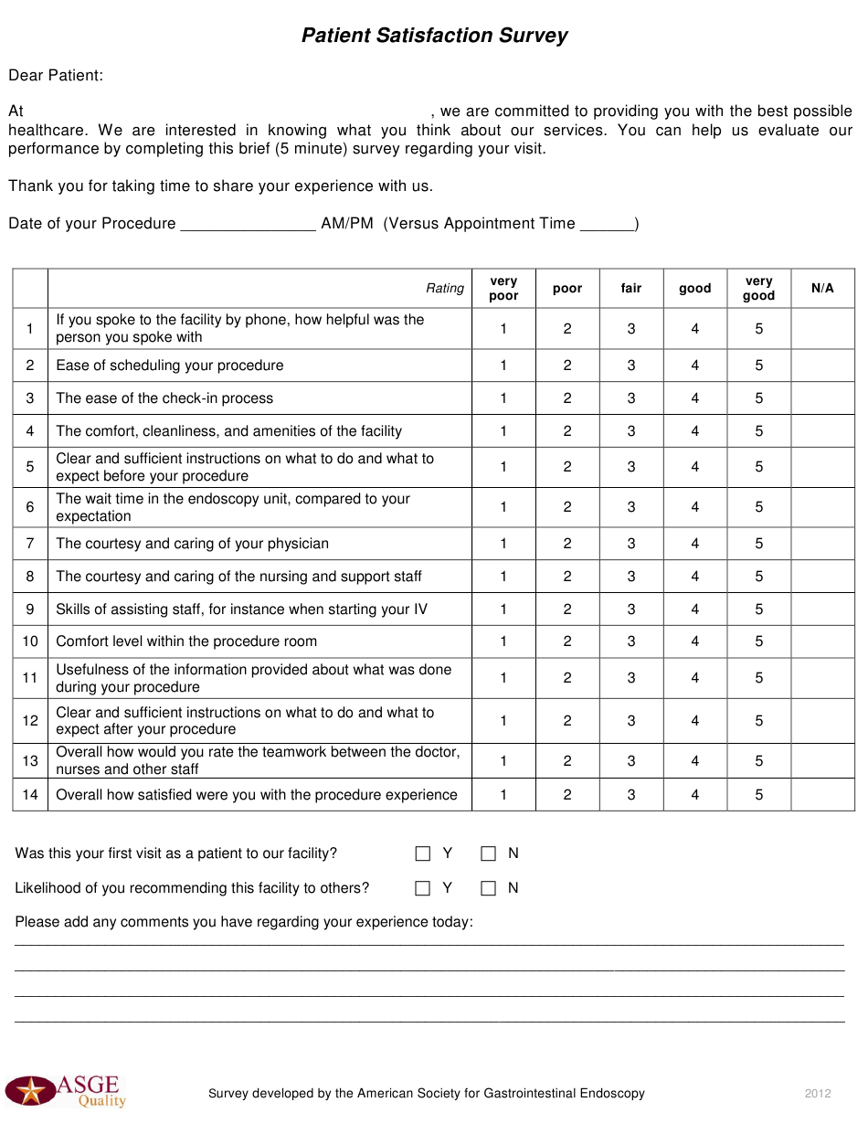 Patient Satisfaction Survey Form Asge Download Printable PDF Templateroller