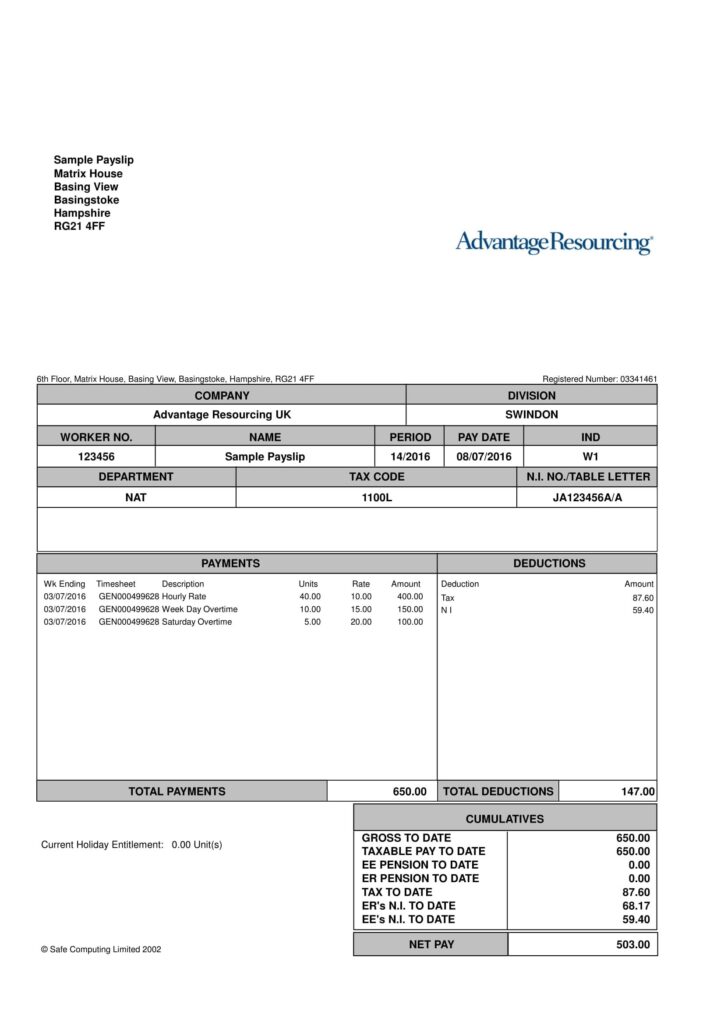 Word Document Printable Payslip Template